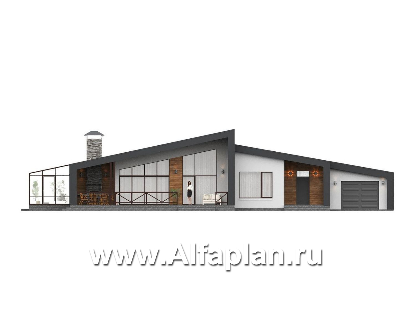 «Лагуна» - проект современного, роскошного одноэтажного дома, в стиле барнхаус, с гаражом и зимним садом - фасад дома - фото №1