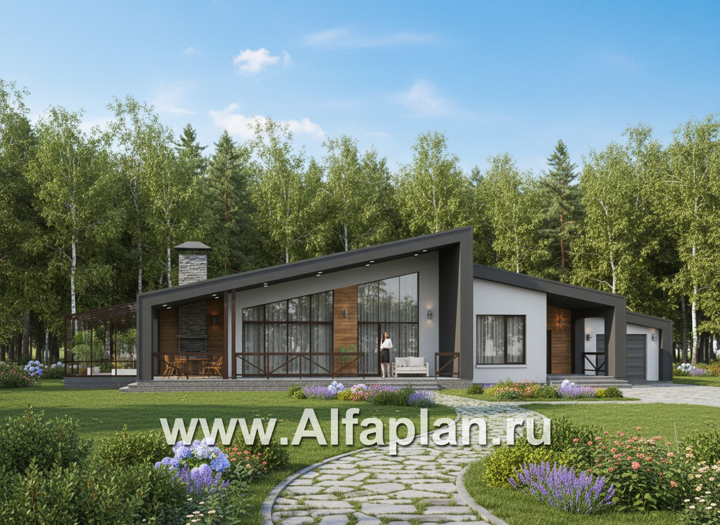 «Лагуна» - проект современного, роскошного одноэтажного дома, в стиле барнхаус, с гаражом и зимним садом - основное изображение