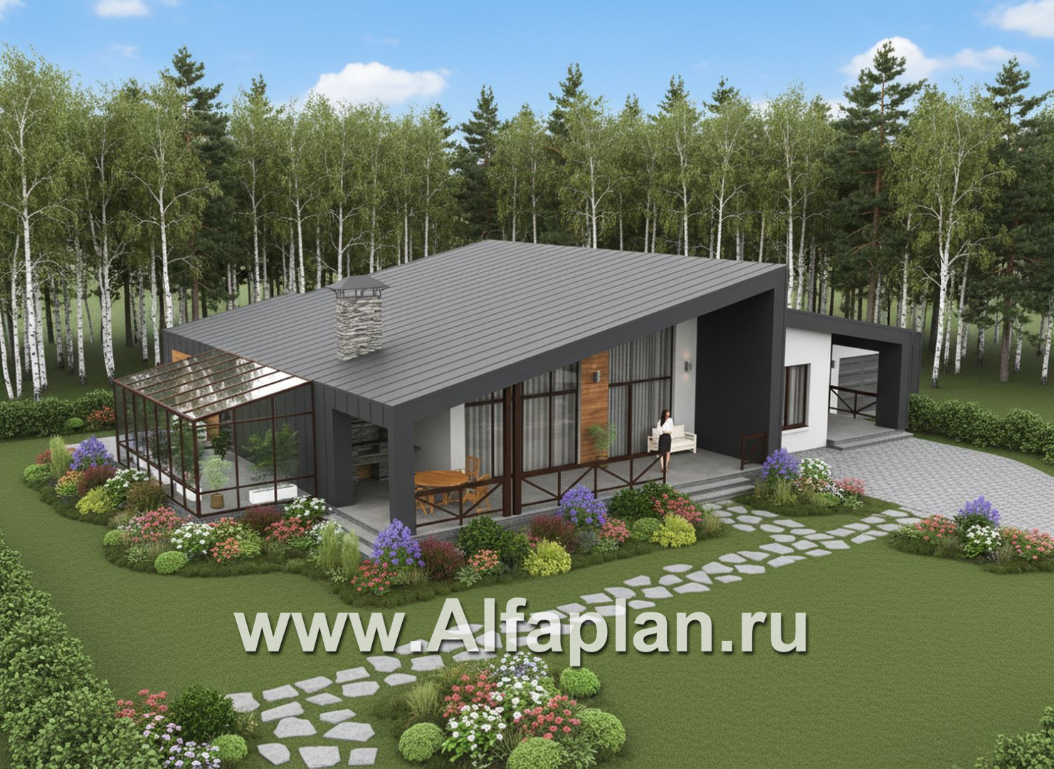 «Лагуна» - проект современного, роскошного одноэтажного дома, в стиле барнхаус, с гаражом и зимним садом - дизайн дома №2