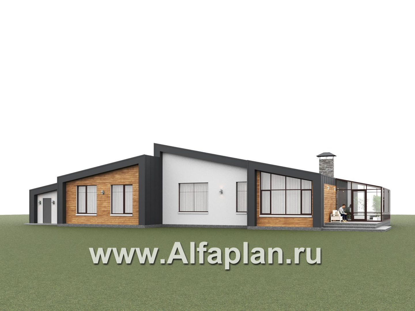 «Лагуна» - проект современного, роскошного одноэтажного дома, в стиле барнхаус, с гаражом и зимним садом - дизайн дома №4