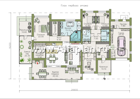 «Лагуна» - проект современного, роскошного одноэтажного дома, в стиле барнхаус, с гаражом и зимним садом - превью план дома - фото №1