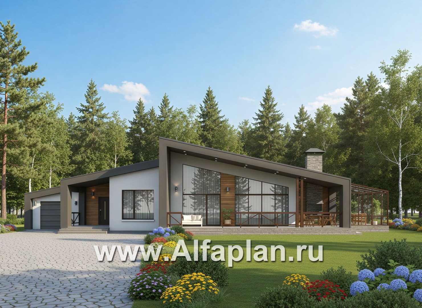«Лагуна» - проект современного, роскошного одноэтажного дома, в стиле барнхаус, с гаражом и зимним садом - дизайн дома №1