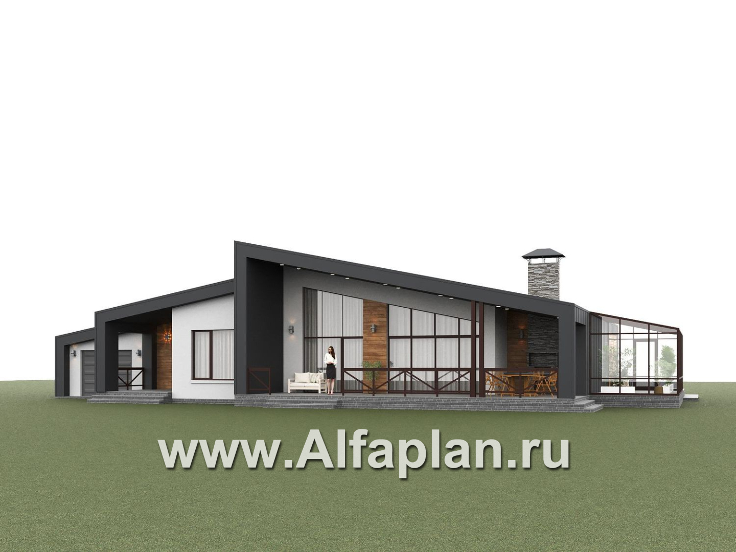 «Лагуна» - проект современного, роскошного одноэтажного дома, в стиле барнхаус, с гаражом и зимним садом - дизайн дома №3