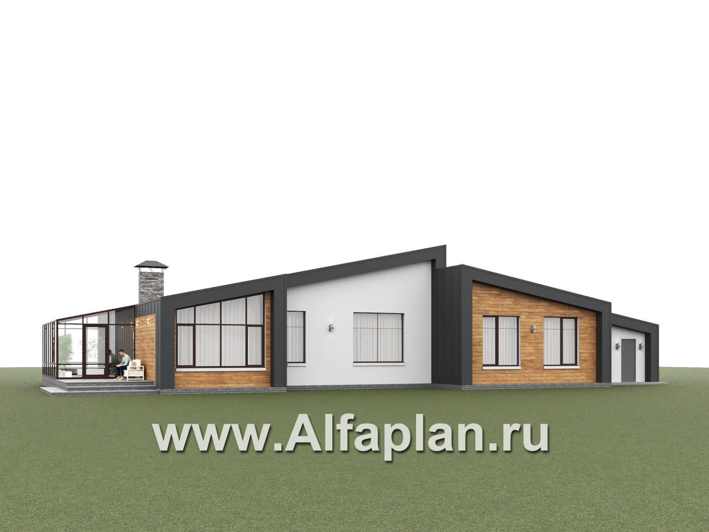 «Лагуна» - проект современного, роскошного одноэтажного дома, в стиле барнхаус, с гаражом и зимним садом - дизайн дома №4