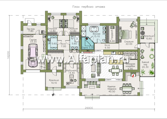 «Лагуна» - проект современного, роскошного одноэтажного дома, в стиле барнхаус, с гаражом и зимним садом - превью план дома - фото №1