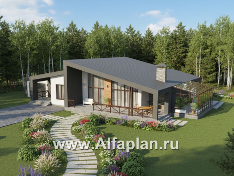 «Лагуна» - проект современного, роскошного одноэтажного дома, в стиле барнхаус, с гаражом и зимним садом - превью дополнительного изображения №2