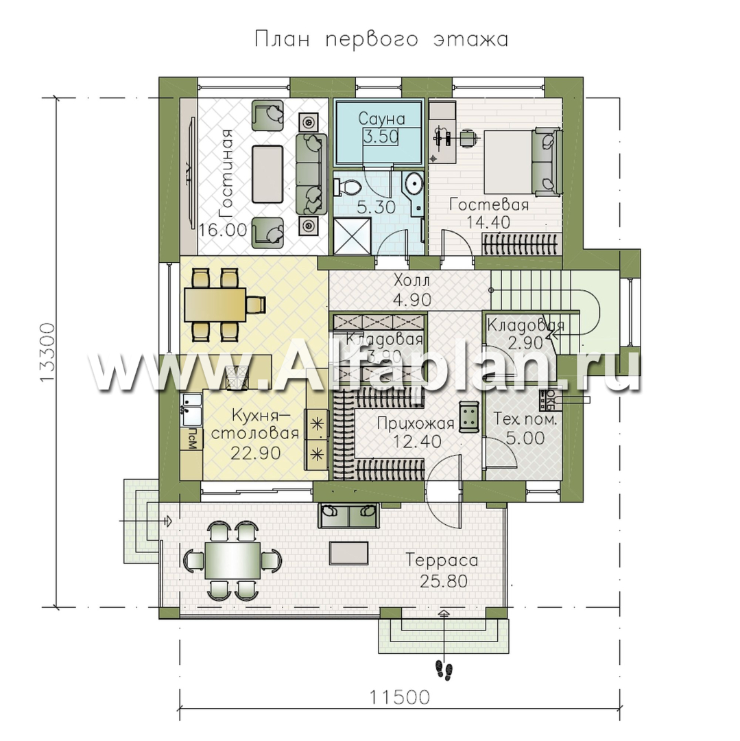 «Багира» - проект дома 10х10м, планировка с террасой со стороны входа, все комнаты - мастер спальни, с сауной - план дома - фото №1