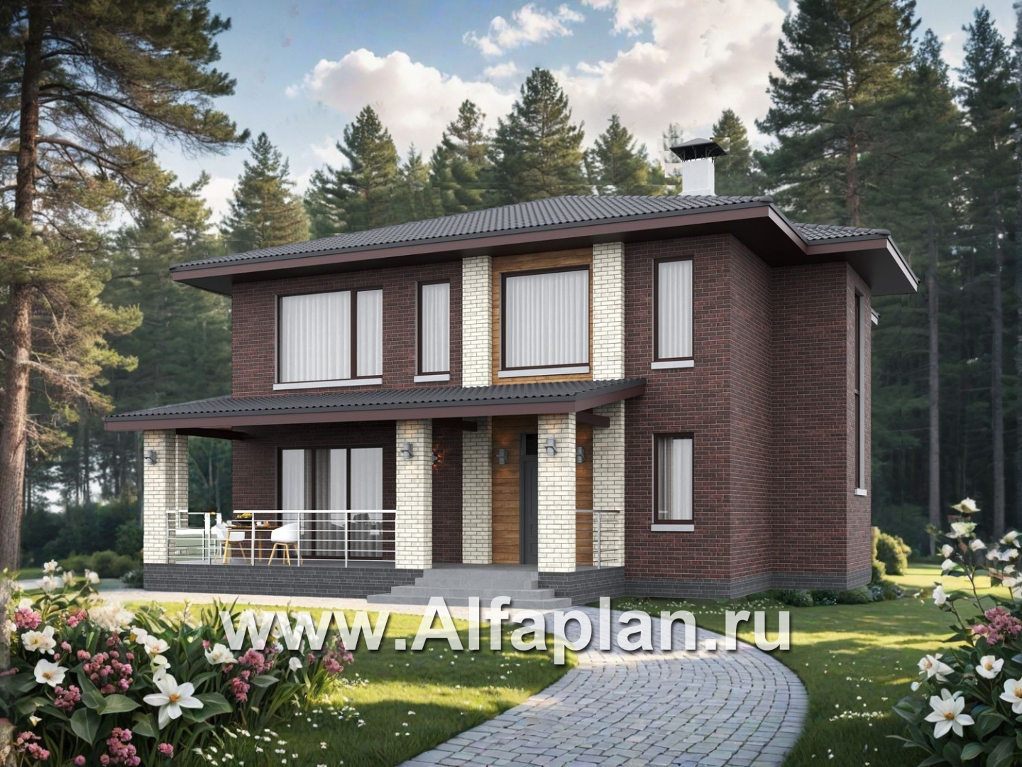 «Багира» - проект дома 10х10м, планировка с террасой со стороны входа, все комнаты - мастер спальни, с сауной - основное изображение