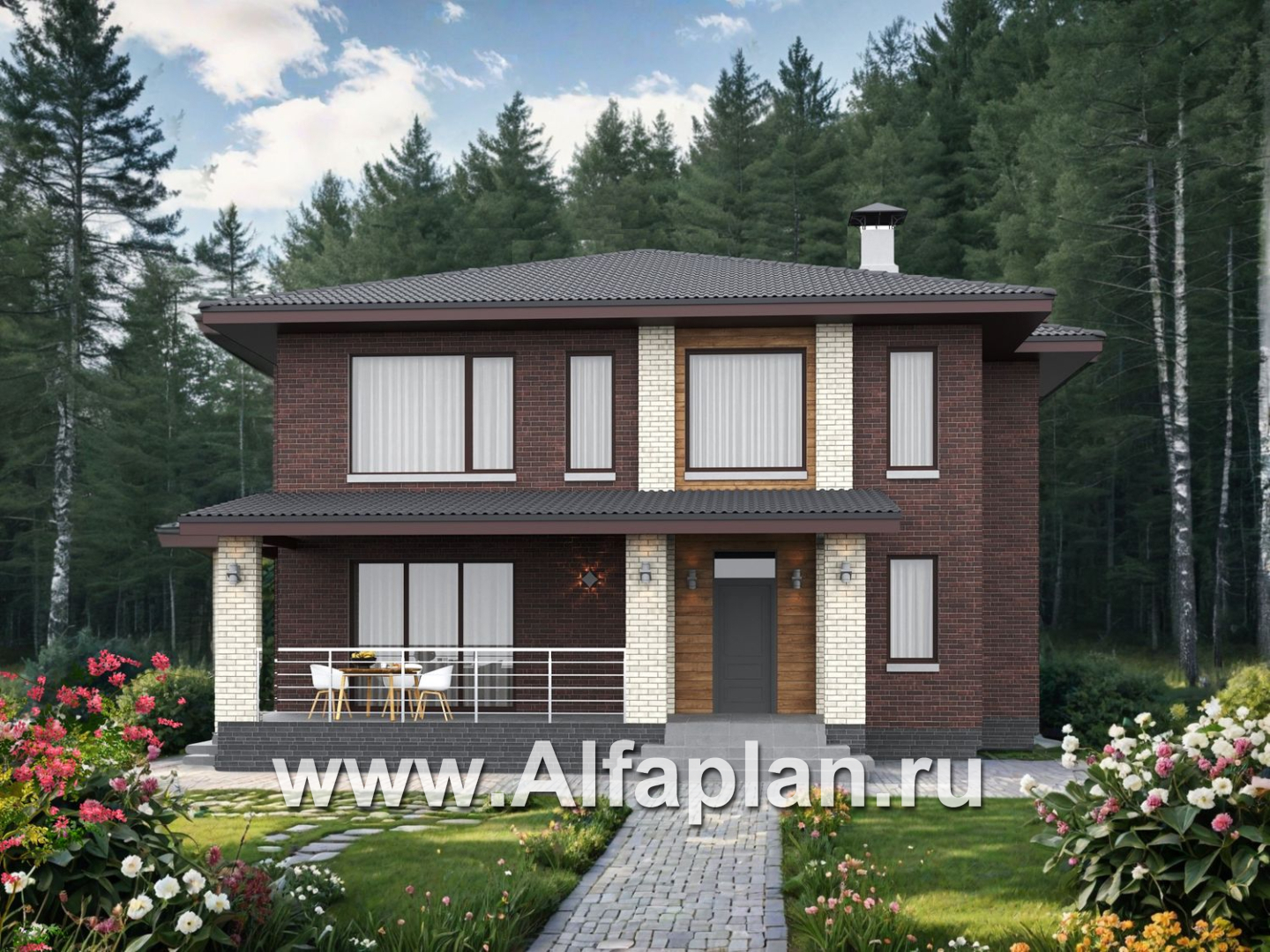 «Багира» - проект дома 10х10м, планировка с террасой со стороны входа, все комнаты - мастер спальни, с сауной - дизайн дома №1