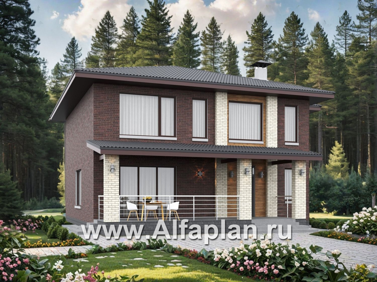 «Багира» - проект дома 10х10м, планировка с террасой со стороны входа, все комнаты - мастер спальни, с сауной - дизайн дома №2