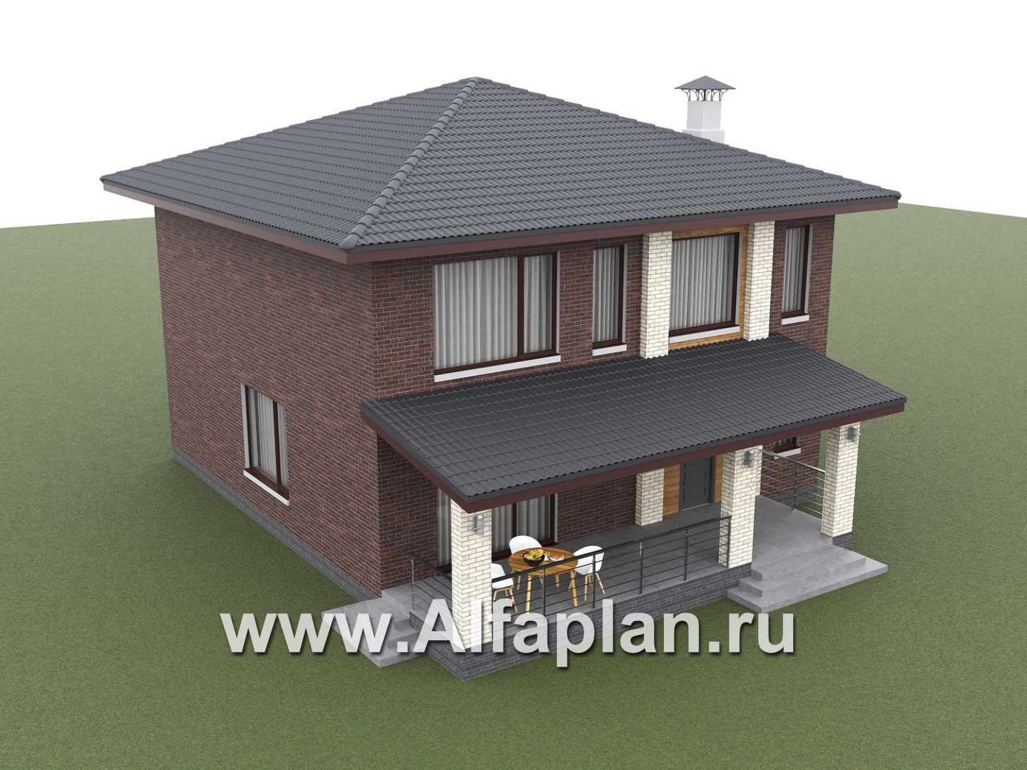 «Багира» - проект дома 10х10м, планировка с террасой со стороны входа, все комнаты - мастер спальни, с сауной - дизайн дома №4