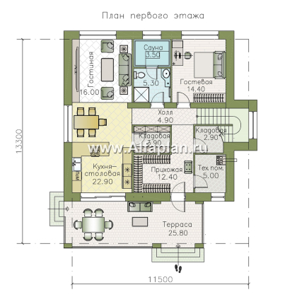 «Багира» - проект дома 10х10м, планировка с террасой со стороны входа, все комнаты - мастер спальни, с сауной - превью план дома - фото №1