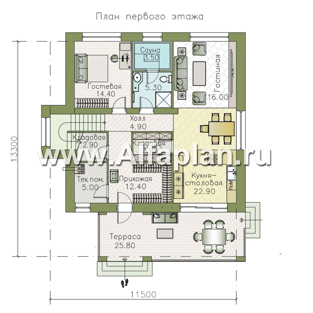 «Багира» - проект дома 10х10м, планировка с террасой со стороны входа, все комнаты - мастер спальни, с сауной - план дома - фото №1