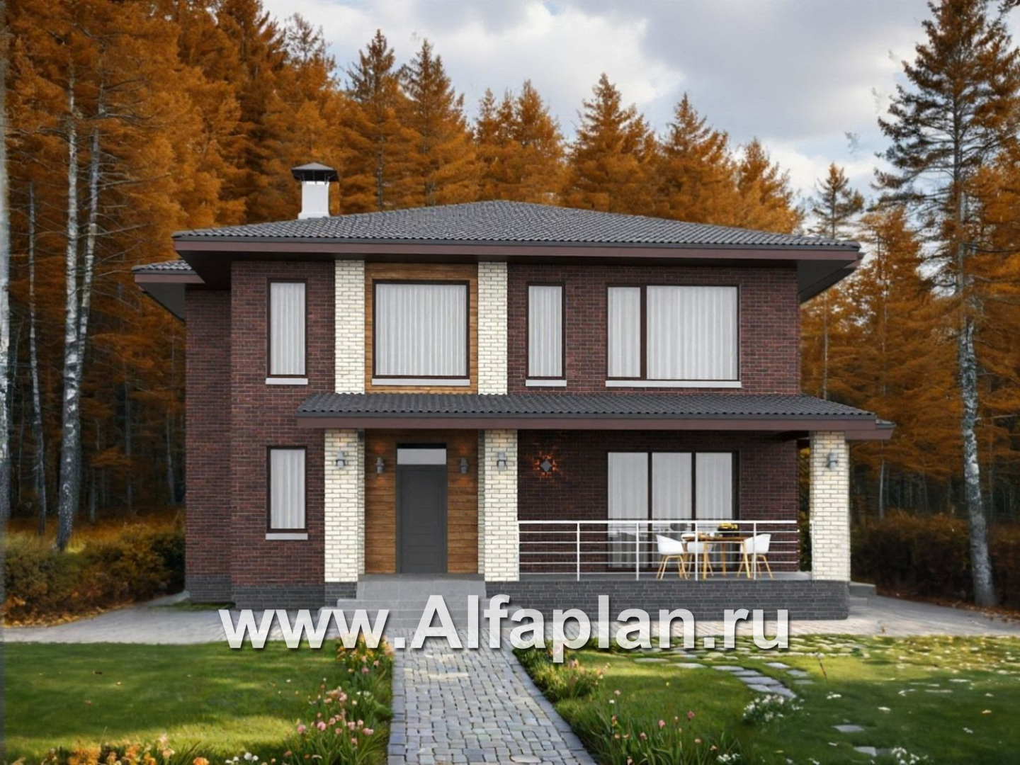 «Багира» - проект дома 10х10м, планировка с террасой со стороны входа, все комнаты - мастер спальни, с сауной - основное изображение