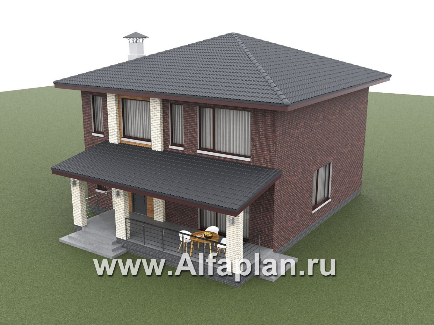 «Багира» - проект дома 10х10м, планировка с террасой со стороны входа, все комнаты - мастер спальни, с сауной - дизайн дома №4