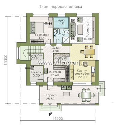 «Багира» - проект дома 10х10м, планировка с террасой со стороны входа, все комнаты - мастер спальни, с сауной - превью план дома - фото №1