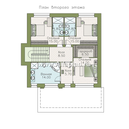 «Багира» - проект дома 10х10м, планировка с террасой со стороны входа, все комнаты - мастер спальни, с сауной - превью план дома - фото №2