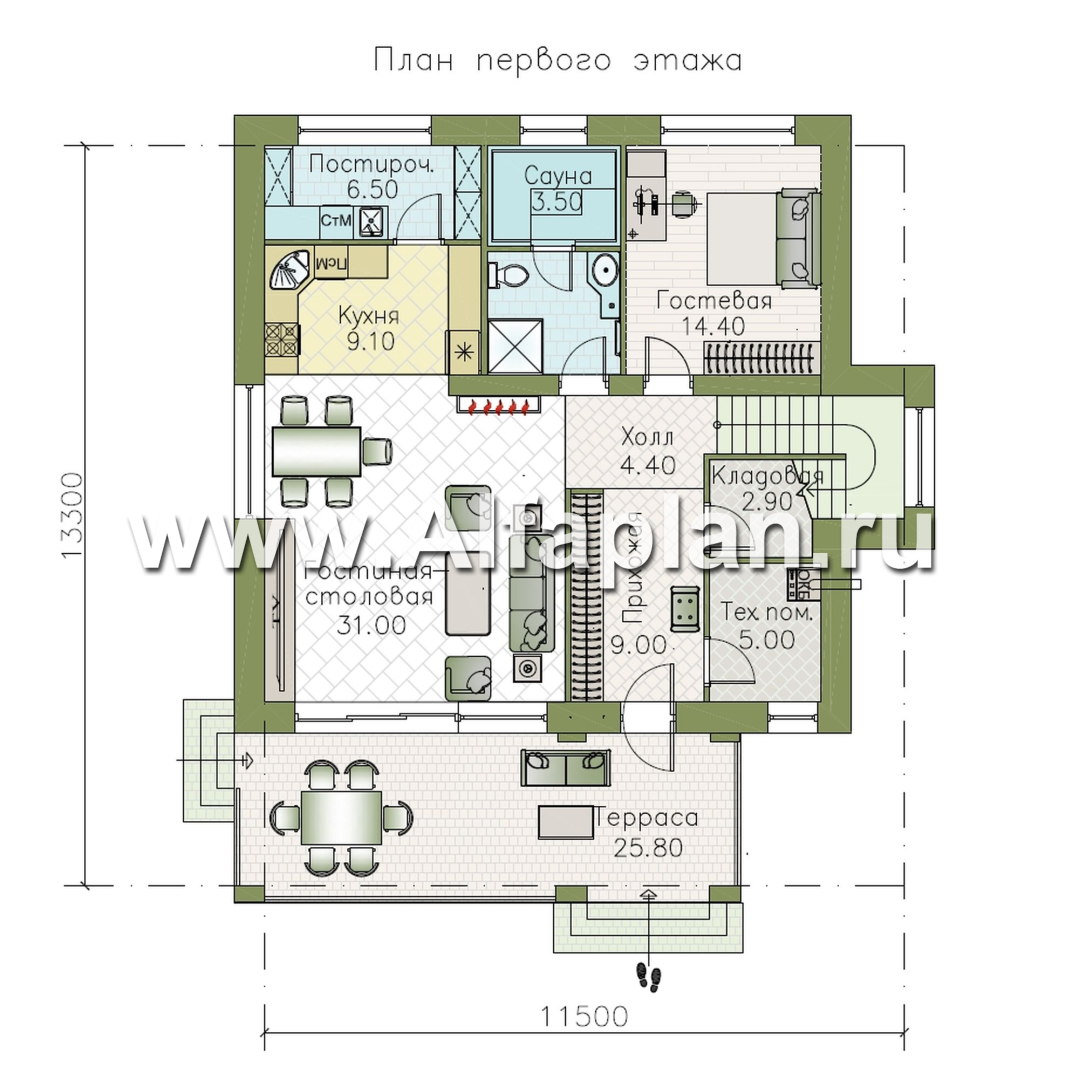 «Багира» - проект дома 10х10м, умная планировка, гостиная со стороны террасы, все комнаты - мастер спальни, с сауной  - план дома - фото №1