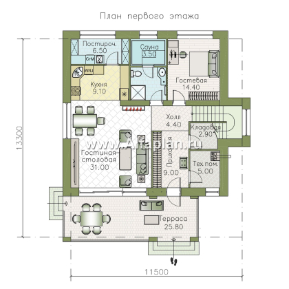 «Багира» - проект дома 10х10м, умная планировка, гостиная со стороны террасы, все комнаты - мастер спальни, с сауной  - превью план дома - фото №1