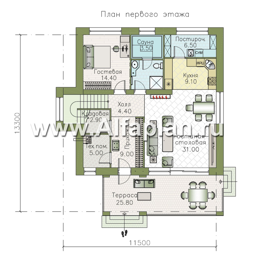 «Багира» - проект дома 10х10м, умная планировка, гостиная со стороны террасы, все комнаты - мастер спальни, с сауной  - план дома - фото №1