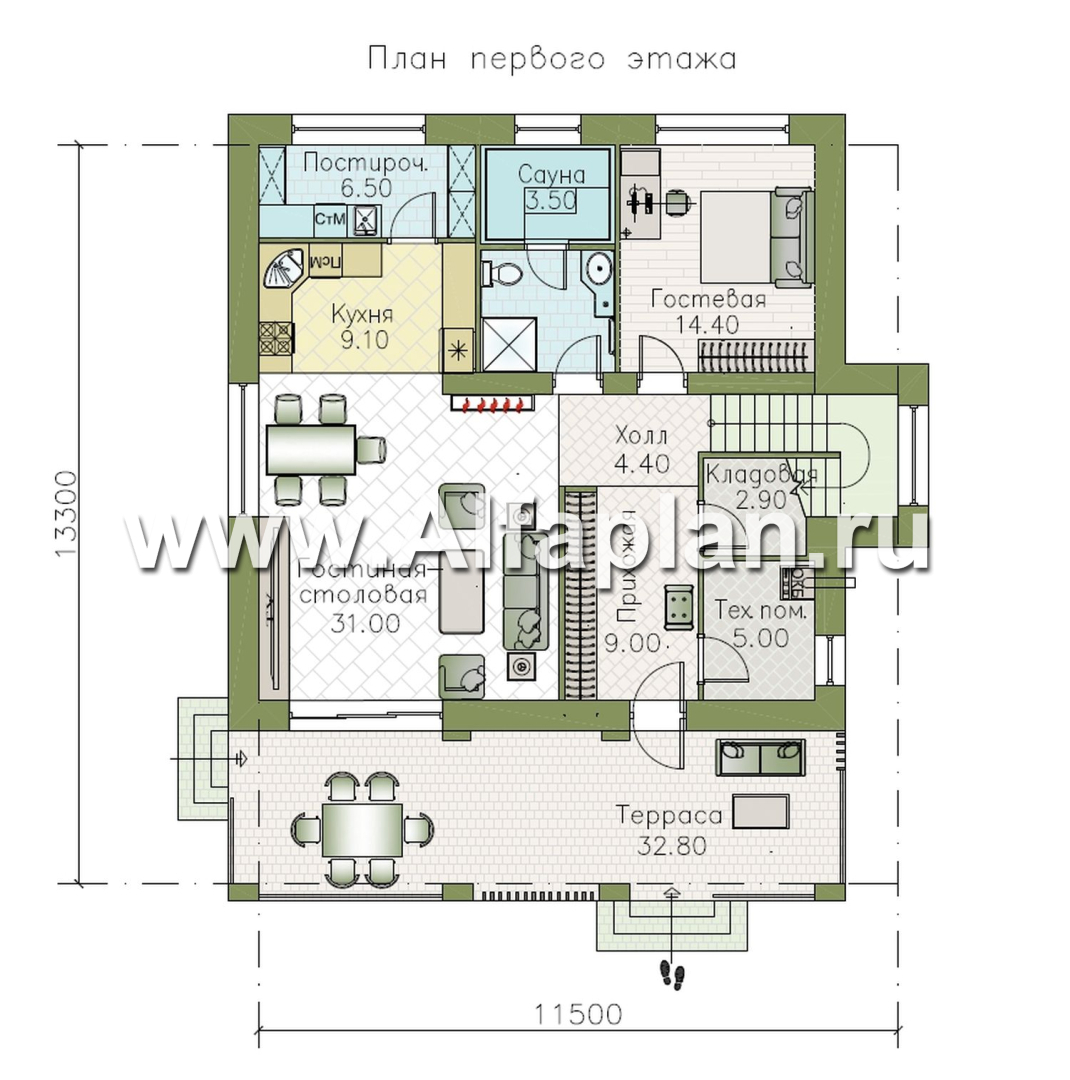 «Дом уюта» - проект дома 10х10м, шикарная планировка, гостиная со стороны террасы, все комнаты - мастер спальни, с сауной  - план дома - фото №1