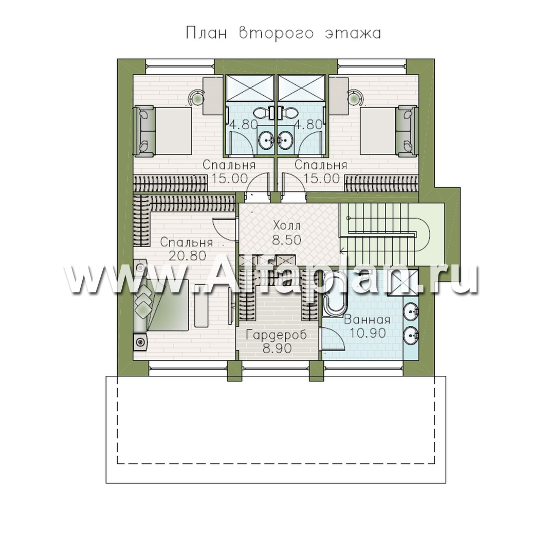 «Дом уюта» - проект дома 10х10м, шикарная планировка, гостиная со стороны террасы, все комнаты - мастер спальни, с сауной  - план дома - фото №2