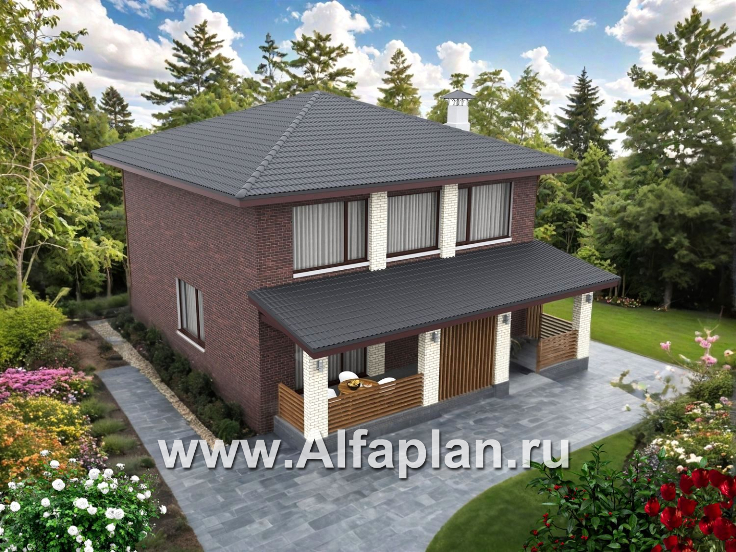 «Дом уюта» - проект дома 10х10м, шикарная планировка, гостиная со стороны террасы, все комнаты - мастер спальни, с сауной  - дизайн дома №2