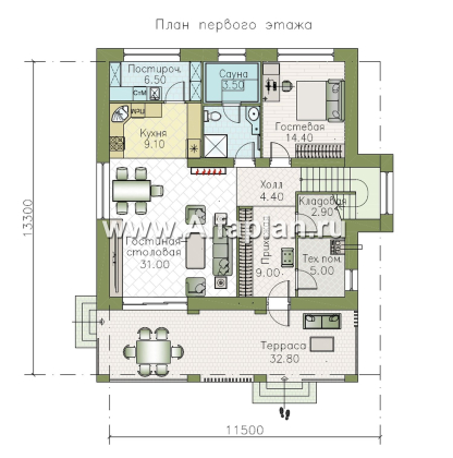 «Дом уюта» - проект дома 10х10м, шикарная планировка, гостиная со стороны террасы, все комнаты - мастер спальни, с сауной  - превью план дома - фото №1