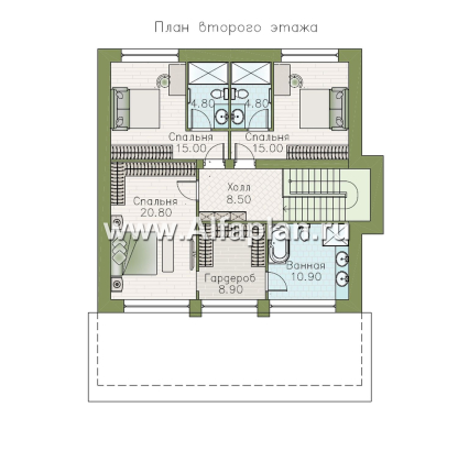 «Дом уюта» - проект дома 10х10м, шикарная планировка, гостиная со стороны террасы, все комнаты - мастер спальни, с сауной  - превью план дома - фото №2