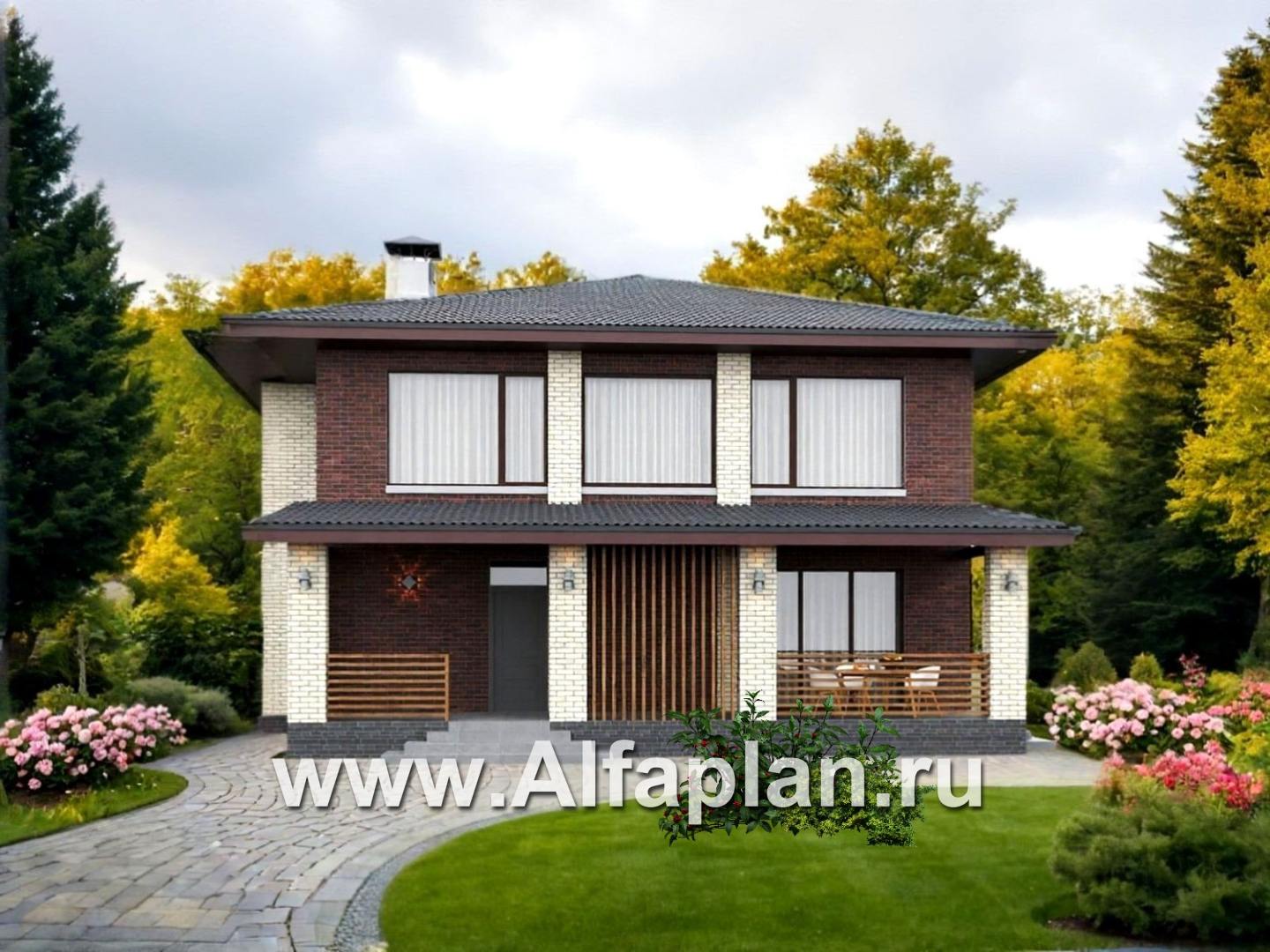 «Дом уюта» - проект дома 10х10м, шикарная планировка, гостиная со стороны террасы, все комнаты - мастер спальни, с сауной - основное изображение