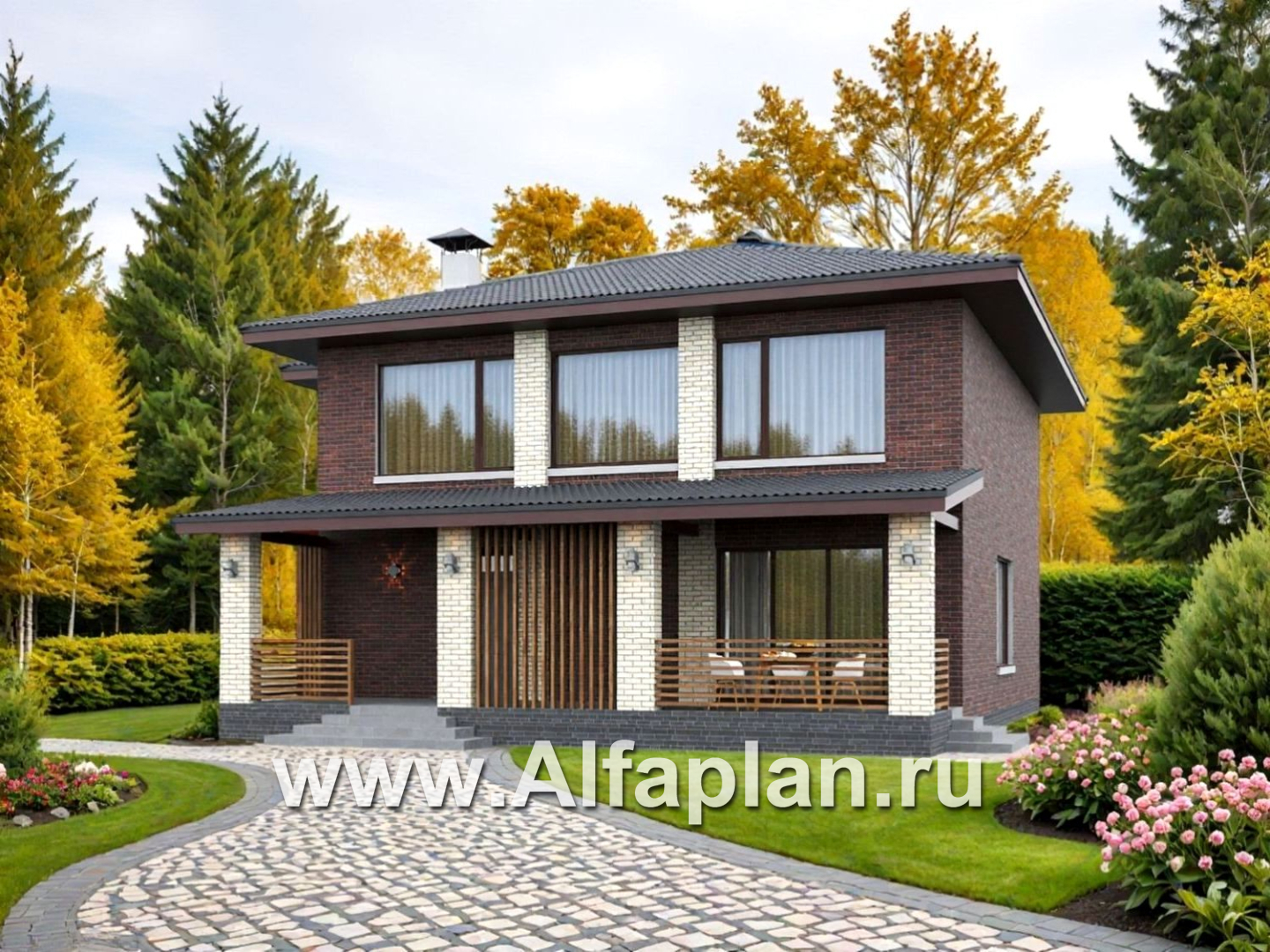 «Дом уюта» - проект дома 10х10м, шикарная планировка, гостиная со стороны террасы, все комнаты - мастер спальни, с сауной - дизайн дома №1