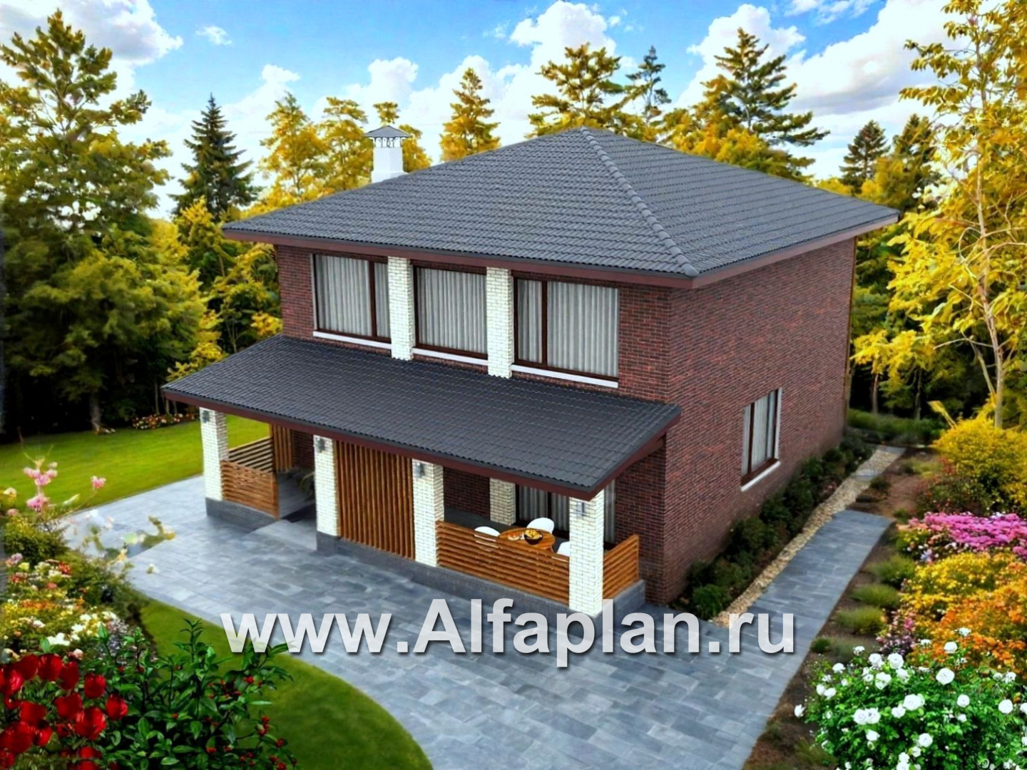 «Дом уюта» - проект дома 10х10м, шикарная планировка, гостиная со стороны террасы, все комнаты - мастер спальни, с сауной - дизайн дома №2