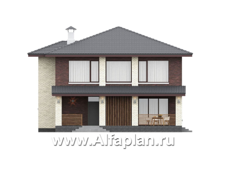 «Дом уюта» - проект дома 10х10м, шикарная планировка, гостиная со стороны террасы, все комнаты - мастер спальни, с сауной - превью фасада дома - фото №1