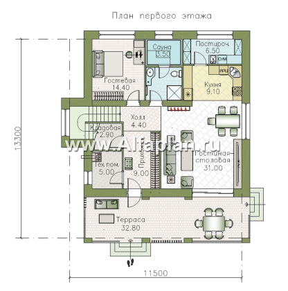 «Дом уюта» - проект дома 10х10м, шикарная планировка, гостиная со стороны террасы, все комнаты - мастер спальни, с сауной - превью план дома - фото №1