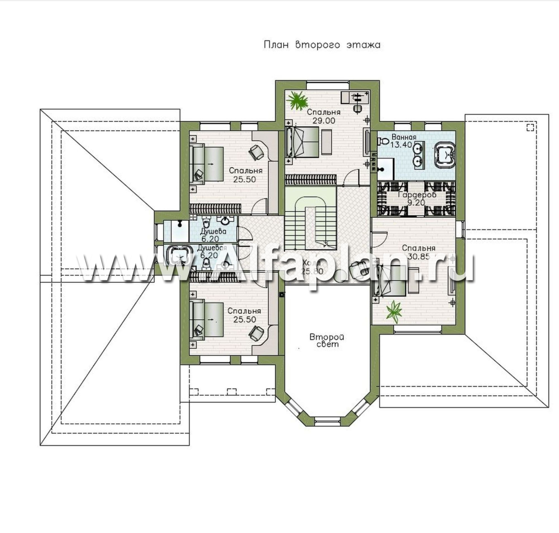 «Пятьсот квадратов» - проект двухэтажного дома, с двусветной гостиной и с террасой, гараж на 2 авто, спортзал и сауна - план дома - фото №2