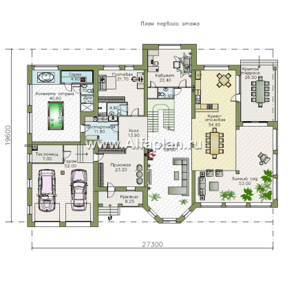 «Пятьсот квадратов» - проект двухэтажного дома, с двусветной гостиной и с террасой, гараж на 2 авто, спортзал и сауна - превью план дома - фото №1