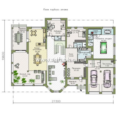 «Пятьсот квадратов» - проект двухэтажного дома, с двусветной гостиной и с террасой, гараж на 2 авто, спортзал и сауна - превью план дома - фото №1