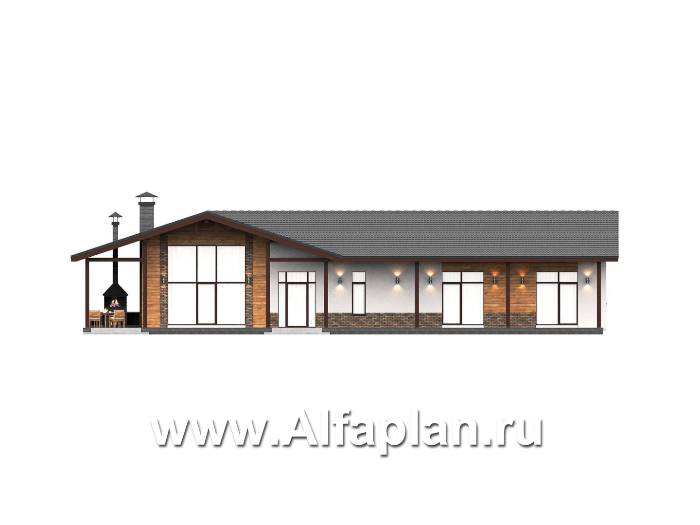 «Терминал» - проект одноэтажного дома c террасой вдоль дома, планировка мастер спальня, 4 спальни, постирочная - фасад дома - фото №1