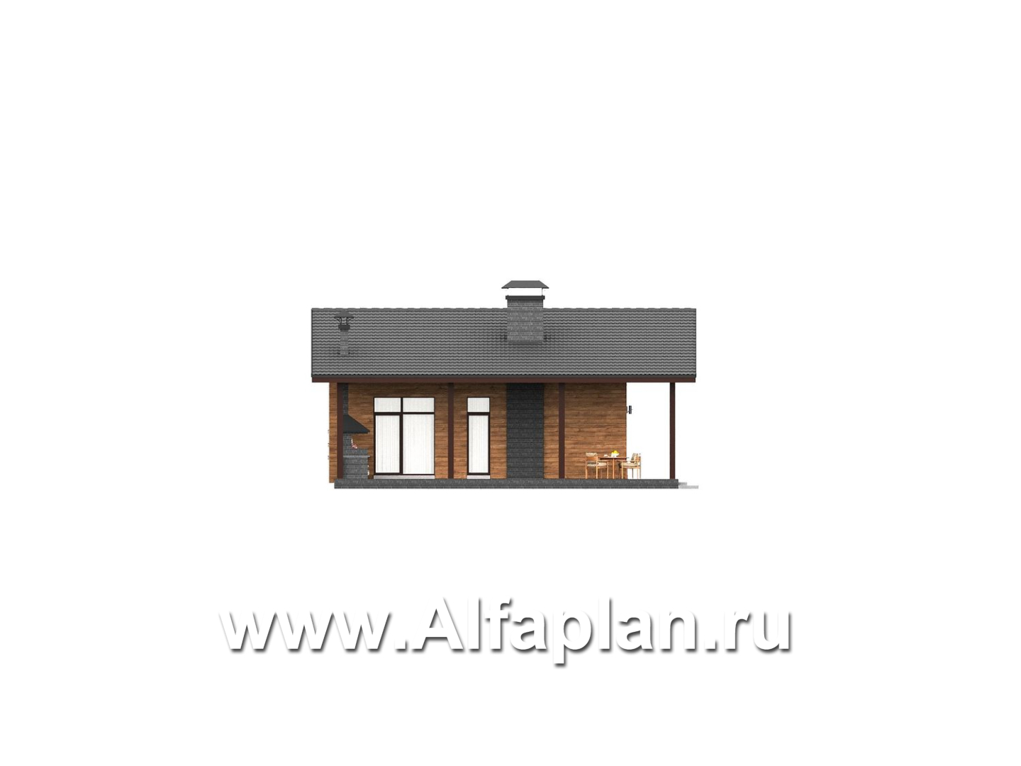 «Терминал» - проект одноэтажного дома c террасой вдоль дома, планировка мастер спальня, 4 спальни, постирочная - фасад дома - фото №2