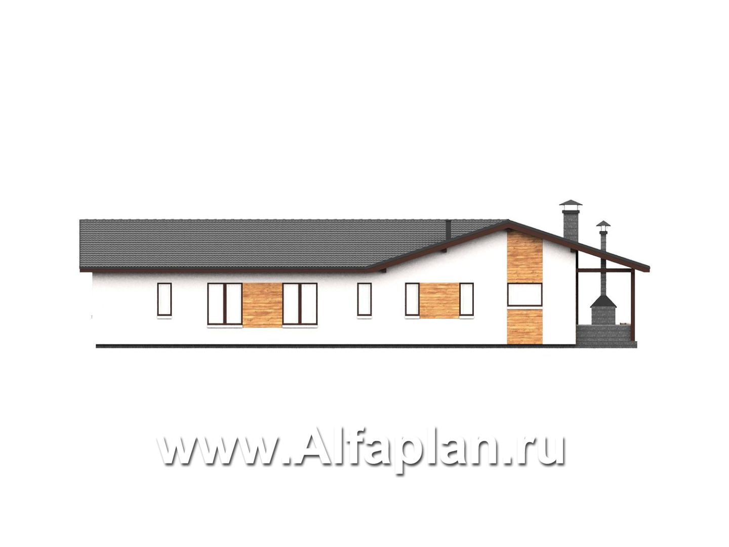 «Терминал» - проект одноэтажного дома c террасой вдоль дома, планировка мастер спальня, 4 спальни, постирочная - фасад дома - фото №3