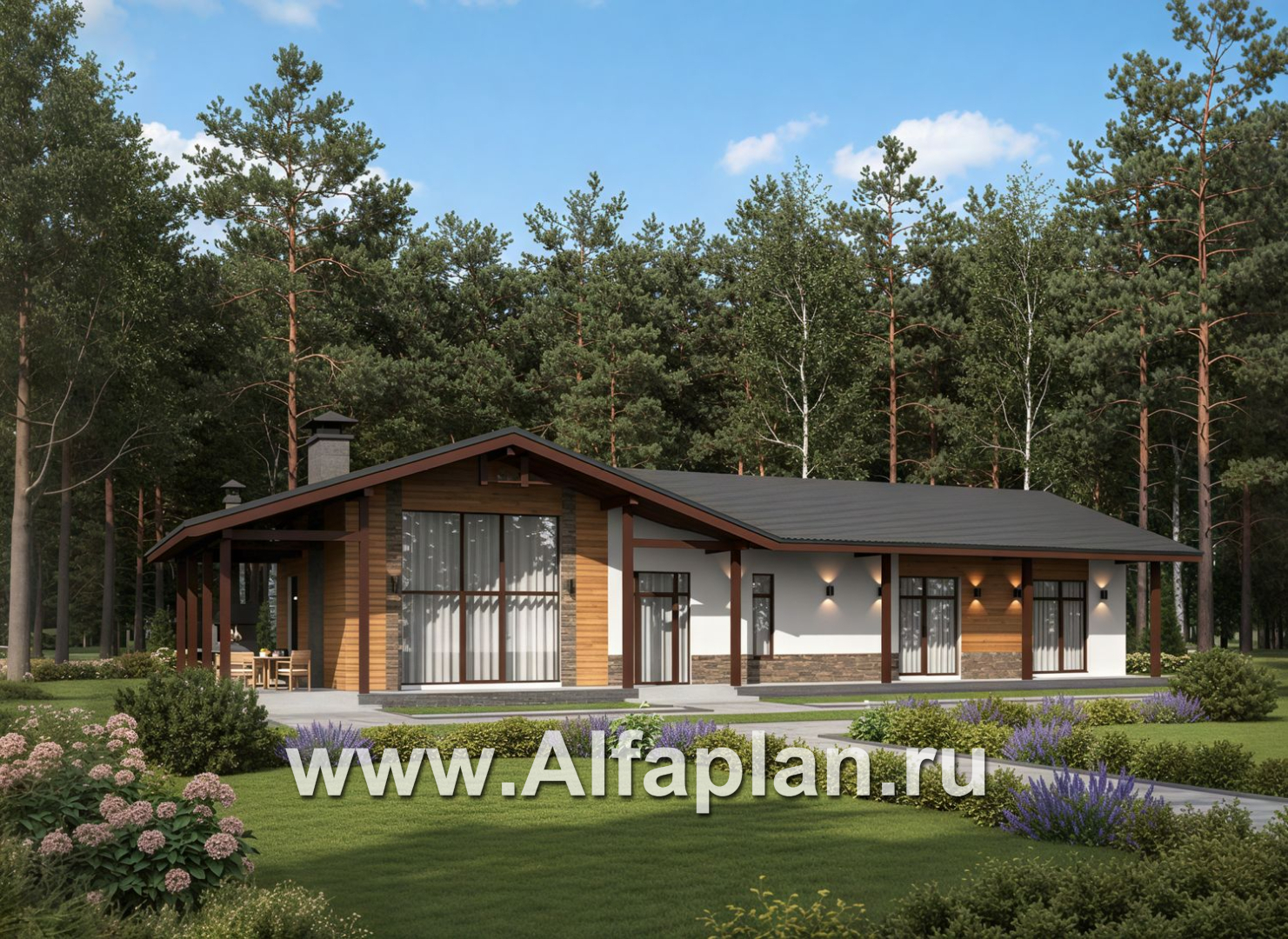 «Терминал» - проект одноэтажного дома c террасой вдоль дома, планировка мастер спальня, 4 спальни, постирочная - основное изображение