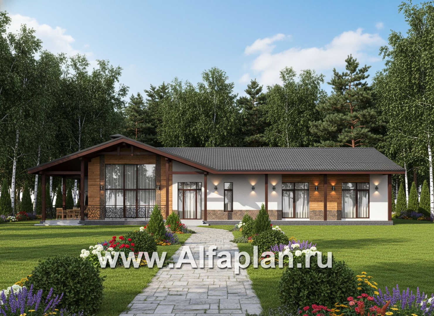 «Терминал» - проект одноэтажного дома c террасой вдоль дома, планировка мастер спальня, 4 спальни, постирочная - дизайн дома №1