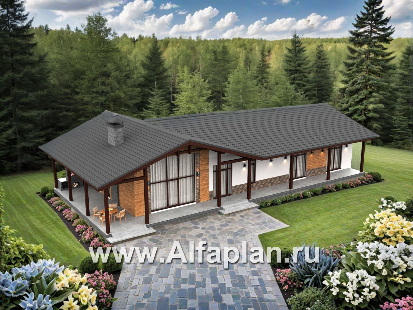 «Терминал» - проект одноэтажного дома c террасой вдоль дома, планировка мастер спальня, 4 спальни, постирочная - дизайн дома №2