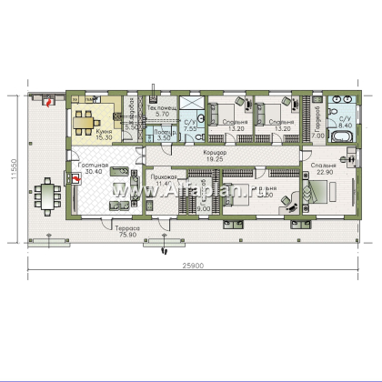«Терминал» - проект одноэтажного дома c террасой вдоль дома, планировка мастер спальня, 4 спальни, постирочная - превью план дома - фото №1