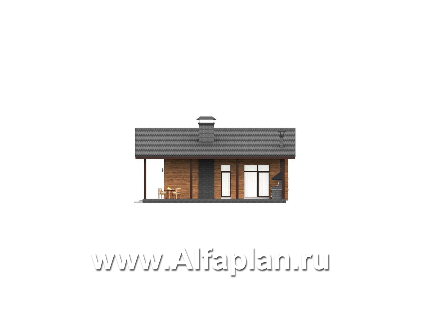 «Терминал» - проект одноэтажного дома c террасой вдоль дома, планировка мастер спальня, 4 спальни, постирочная - фасад дома - фото №2