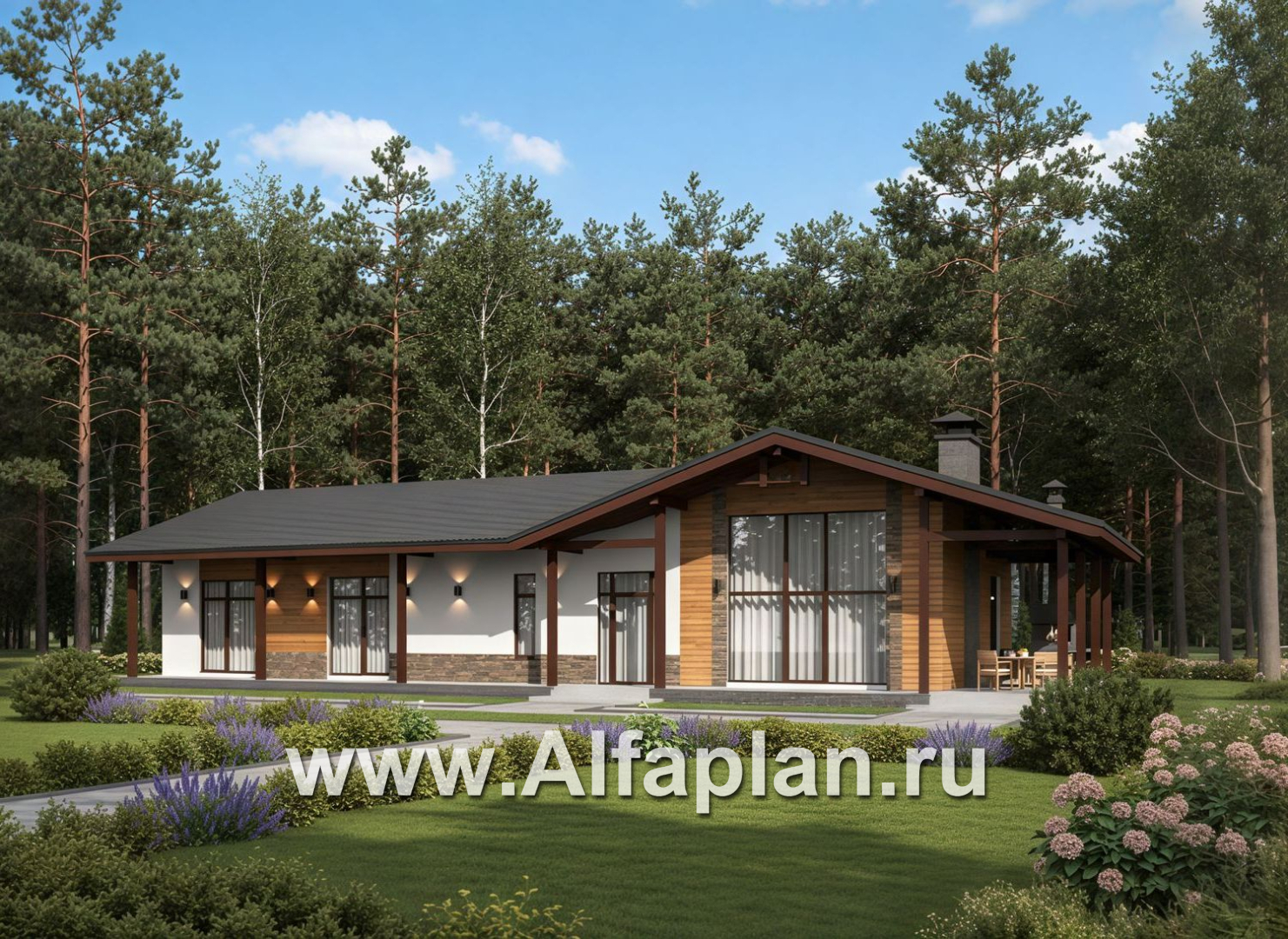 «Терминал» - проект одноэтажного дома c террасой вдоль дома, планировка мастер спальня, 4 спальни, постирочная - основное изображение