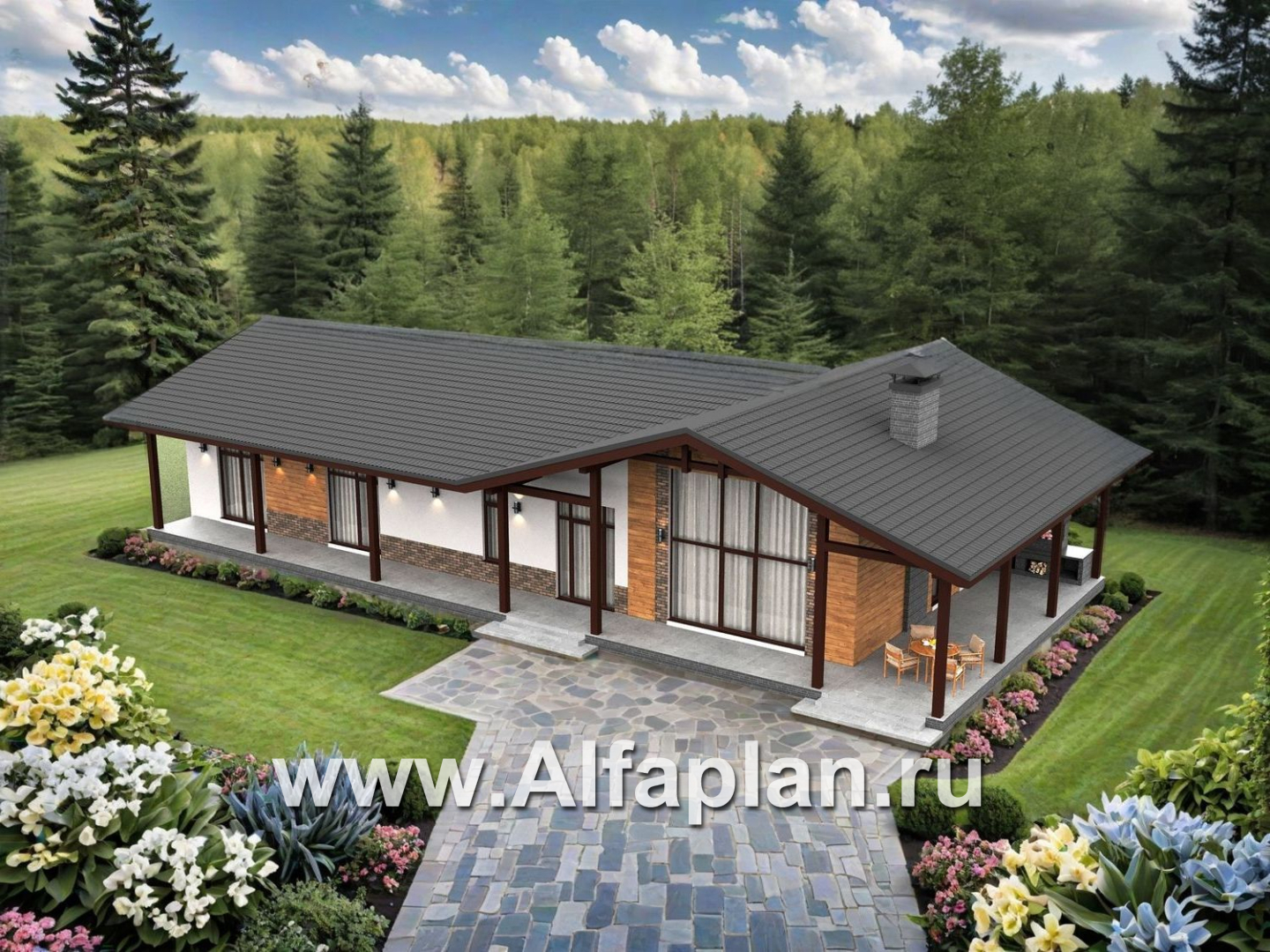 «Терминал» - проект одноэтажного дома c террасой вдоль дома, планировка мастер спальня, 4 спальни, постирочная - дизайн дома №2