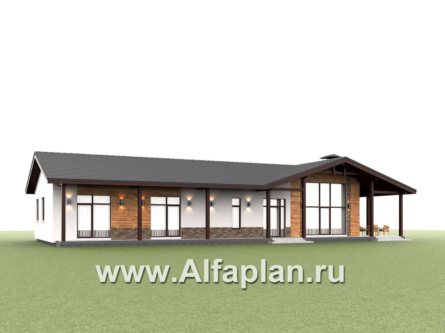 «Терминал» - проект одноэтажного дома c террасой вдоль дома, планировка мастер спальня, 4 спальни, постирочная - дизайн дома №3