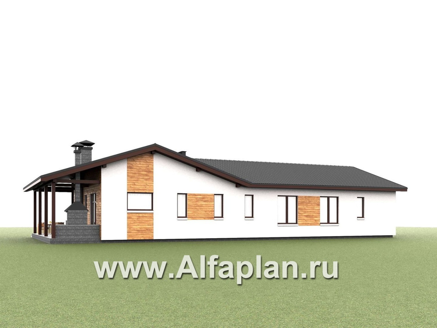 «Терминал» - проект одноэтажного дома c террасой вдоль дома, планировка мастер спальня, 4 спальни, постирочная - дизайн дома №4