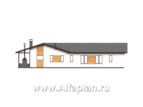 «Терминал» - проект одноэтажного дома c террасой вдоль дома, планировка мастер спальня, 4 спальни, постирочная - превью фасада дома - фото №3